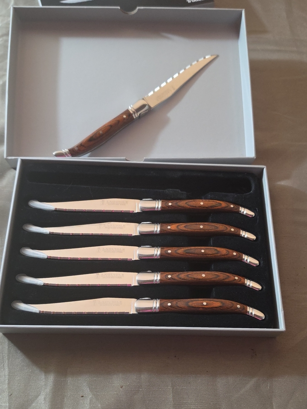 Laguiole Brown Wood Handle Steak Knives Set with Silver Blades